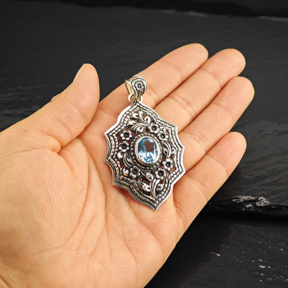 Topaz Floral Repousse Detailing Sterling Silver Pendant P3148