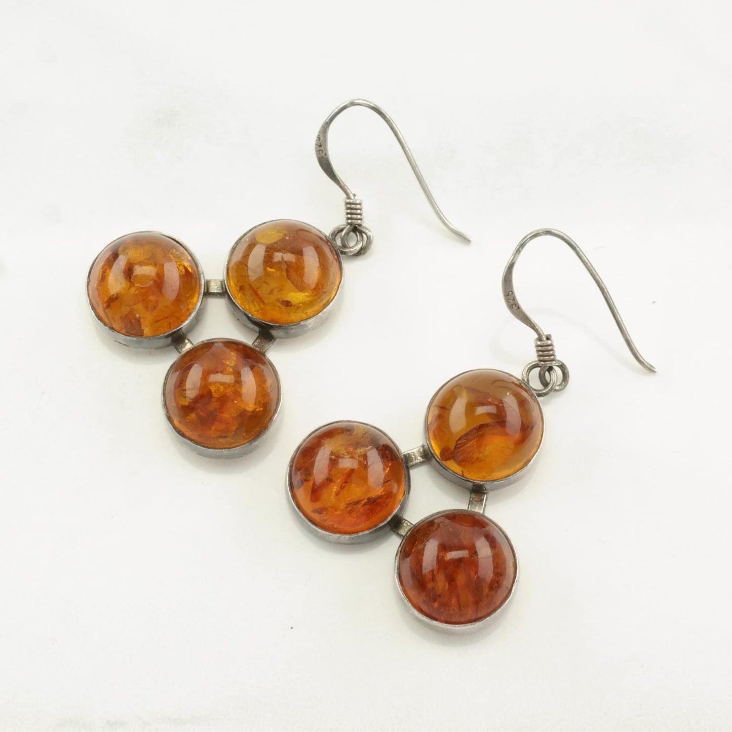 Sterling Silver Baltic Amber 3 Stone Earrings Fish hook/Dangle