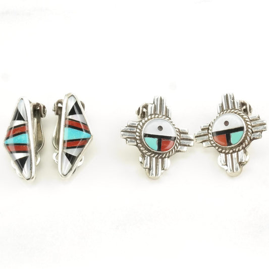 Choice of Vintage Sterling Silver Clip On Earrings Native American Turquoise, Coral, MOP, Onyx Inlay