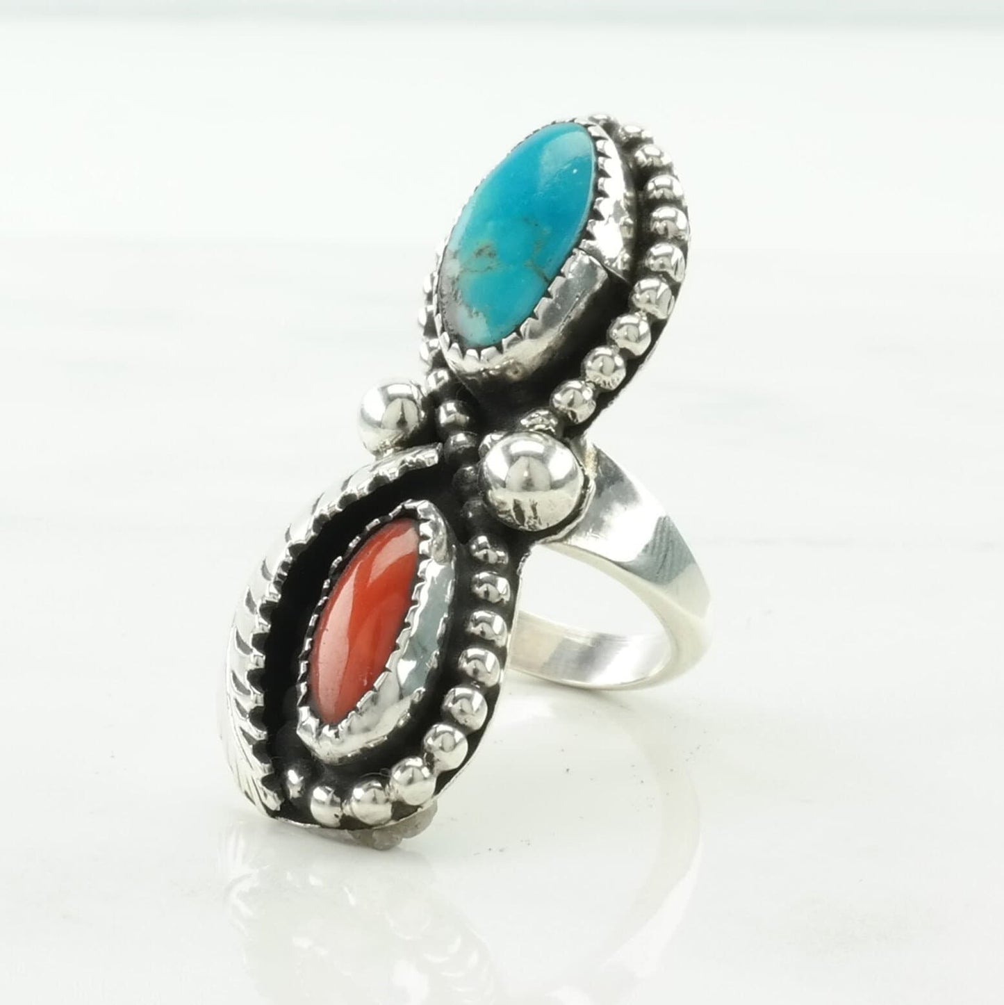 Native American Silver Ring Turquoise, Coral Leaf Sterling Size 5 1/2