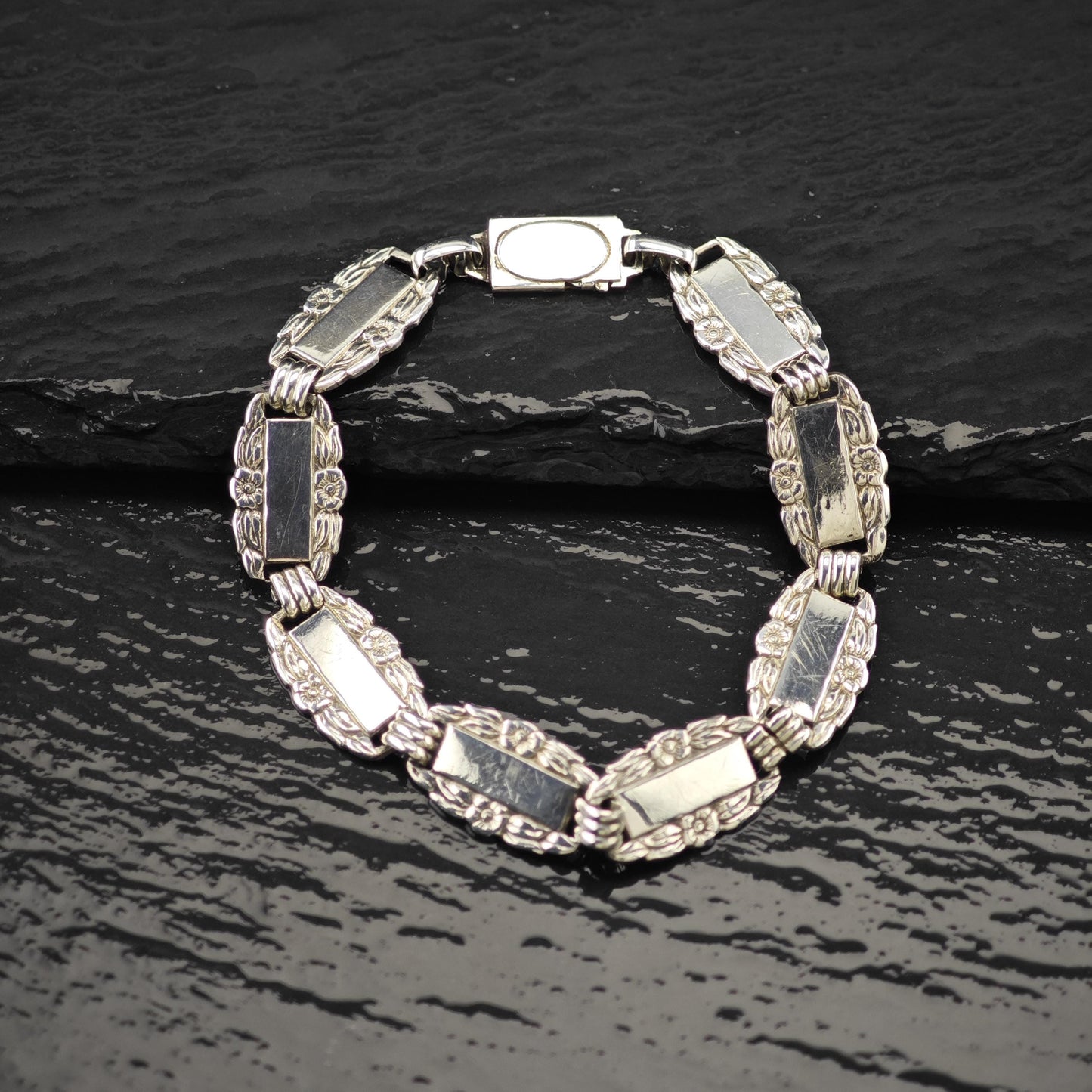 WWII Forget Me Not Link Bracelet Sterling Silver Size 6 3/4"