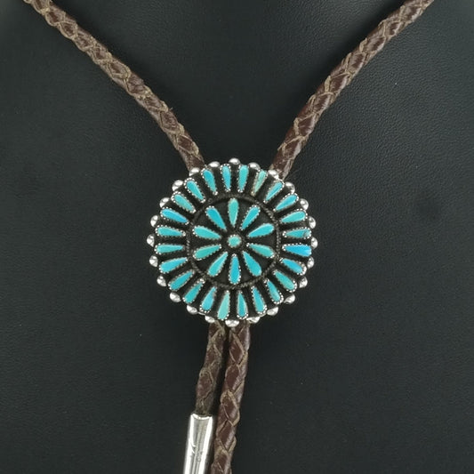 Vintage Native American Sterling Silver Blue Turquoise, Cluster Overlay Bolo Tie Necklace