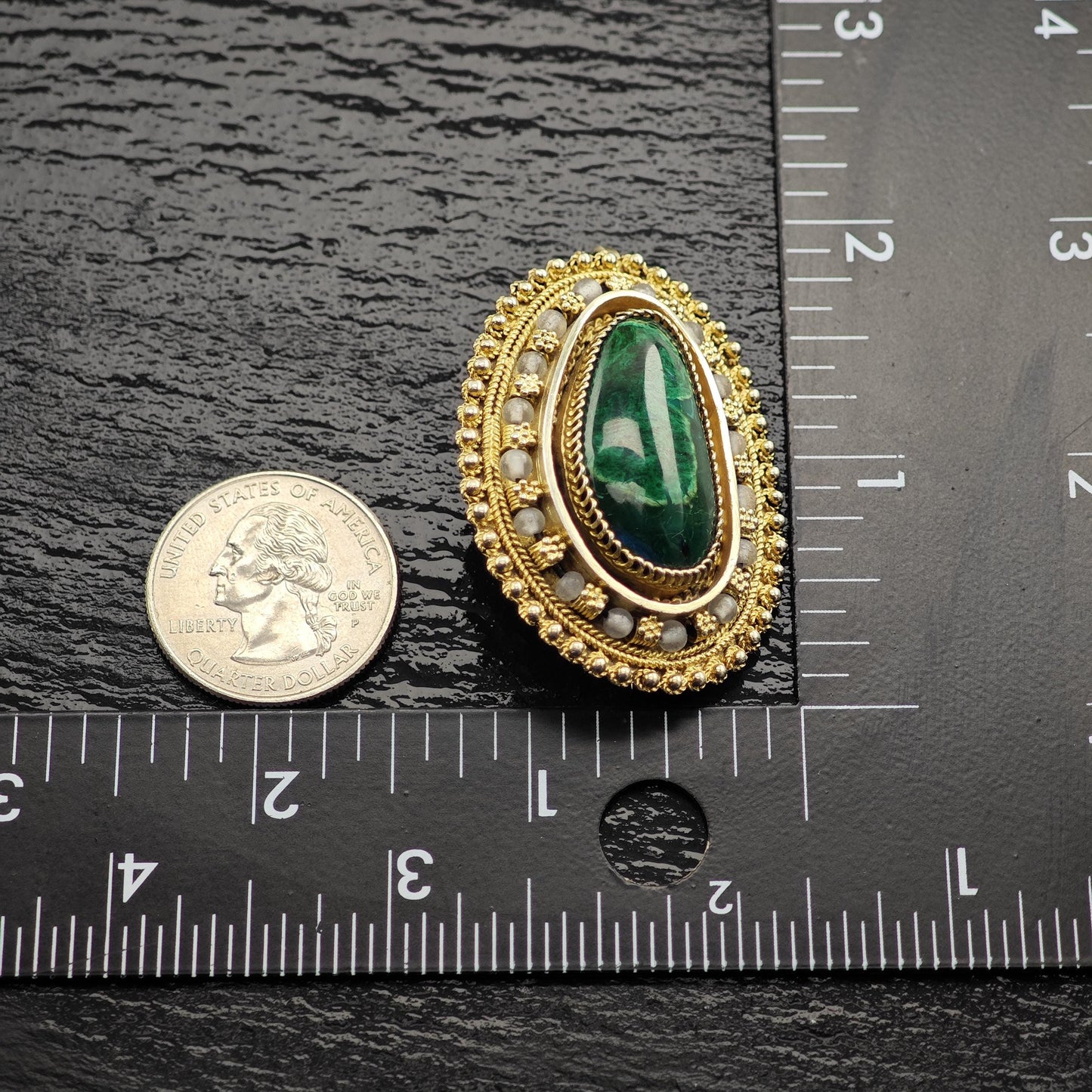 Eilat Stone Pendant/Brooch in Sterling Silver, Gold Gilded with Imitation Pearls