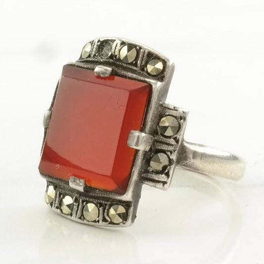 Vintage Art Deco Silver Ring Carnelian Marcasite Sterling Red Size 7 3/4