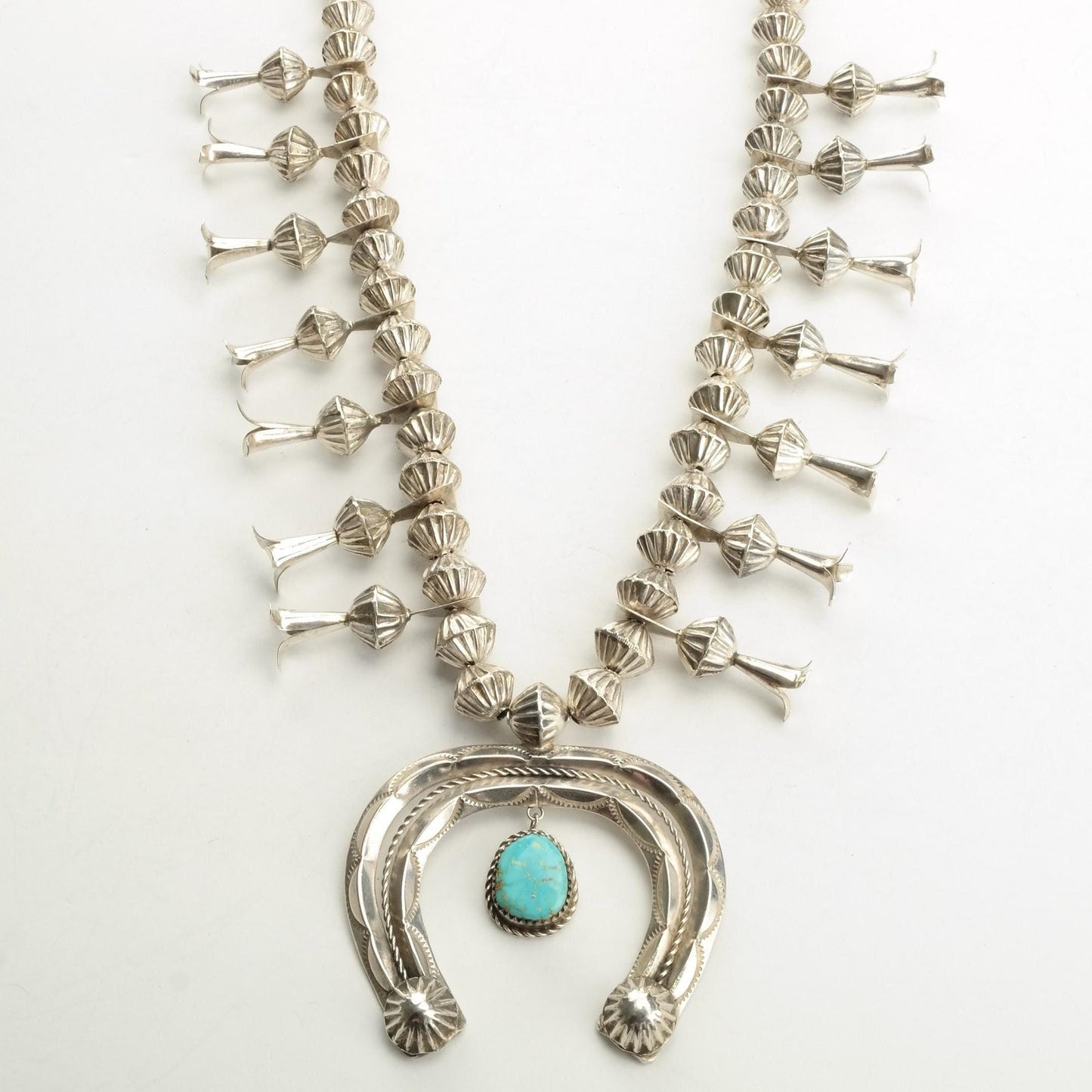 Native American Turquoise Squash Blossom Necklace Sterling Silver