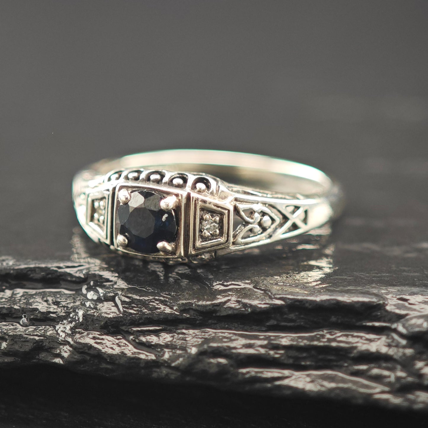 Natural Sapphire Diamond Ring Sterling Silver