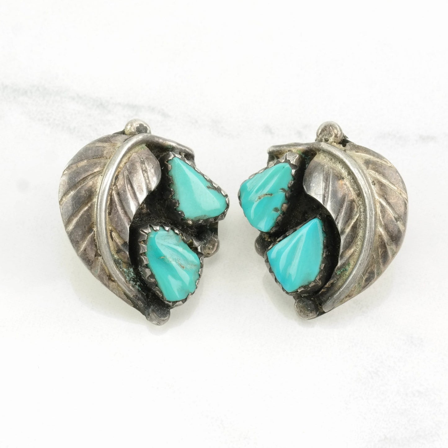 Native American Sterling Silver Carved, Turquoise Feather Earrings Clip on