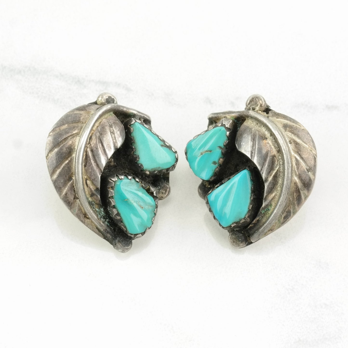 Native American Carved Turquoise Clip on Earrings | Sterling Silver | Feather