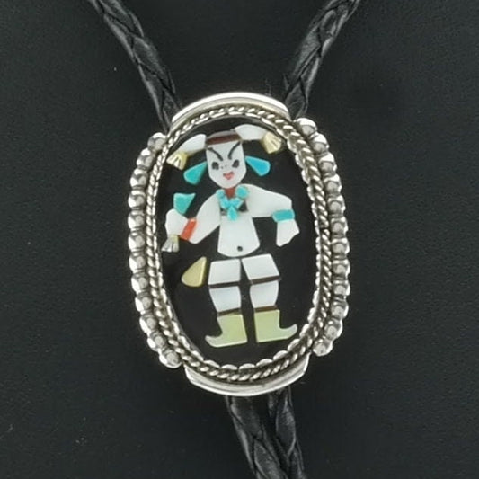 Zuni Calavaza Inlay Bolo Tie Figure Sterling Silver Turquoise Coral Necklace