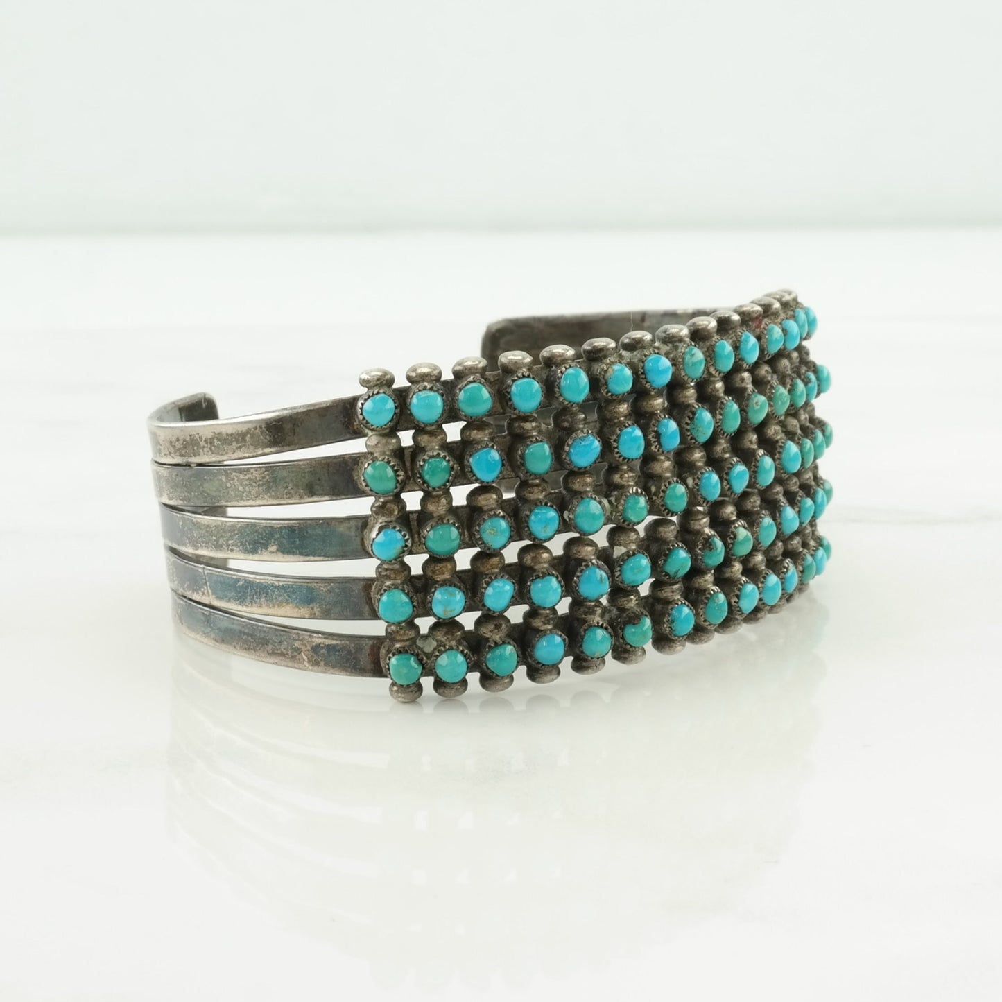 Native American Sterling Silver Cuff Bracelet Blue Turquoise, Cluster 5 Row