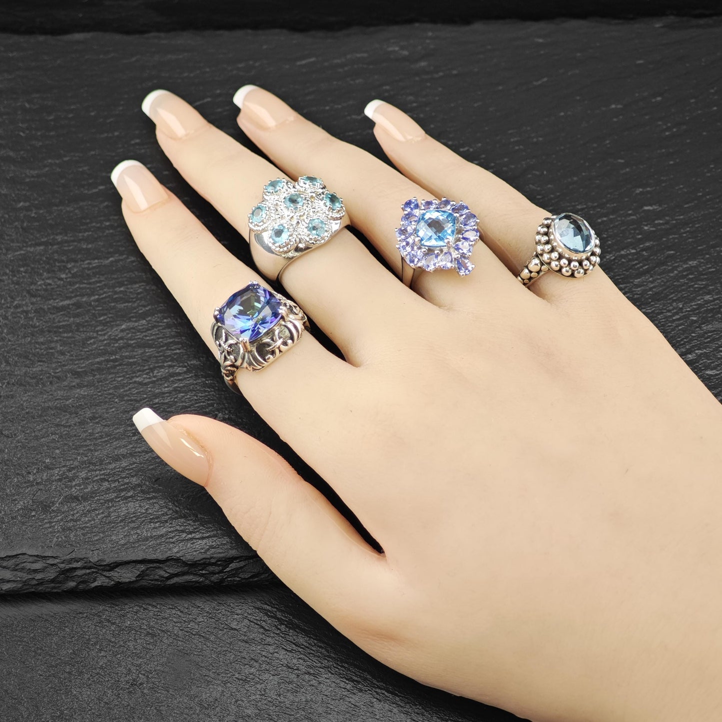Blue Gemstone Floral Ring Sterling Silver Sz 7 R6148