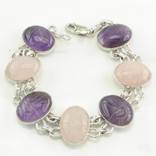 Egyptian Revival Sterling Silver Link Bracelet Pink, Purple Amethyst, Rose Quartz Carved Scarab, Beetle