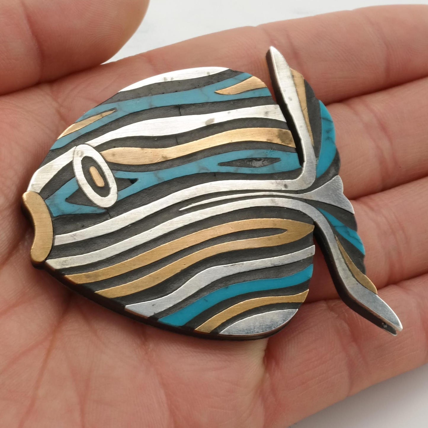 Tono Sterling Silver Brooch Fish, Brass Block Turquoise Inlay