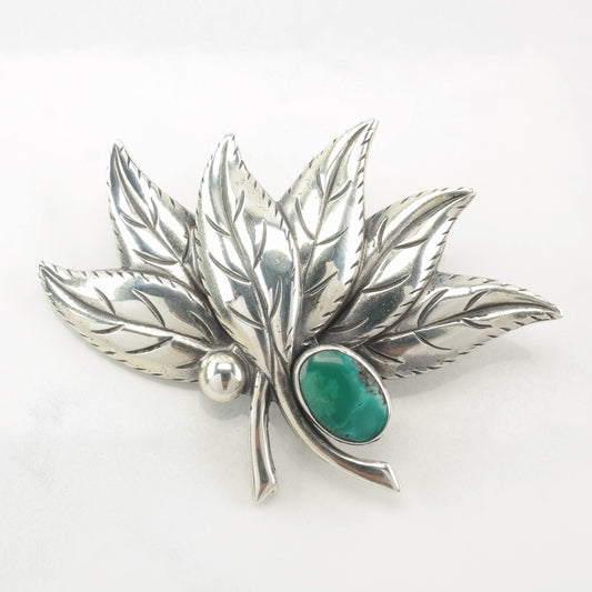 Turquoise Leaf Brooch Sterling Silver