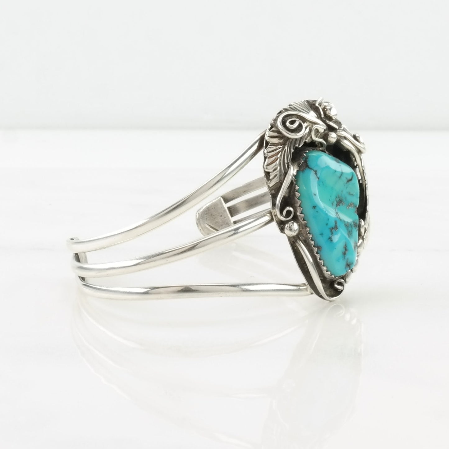 Native American Sterling Silver Cuff Bracelet Blue Turquoise Leaf, Sleeping Beauty