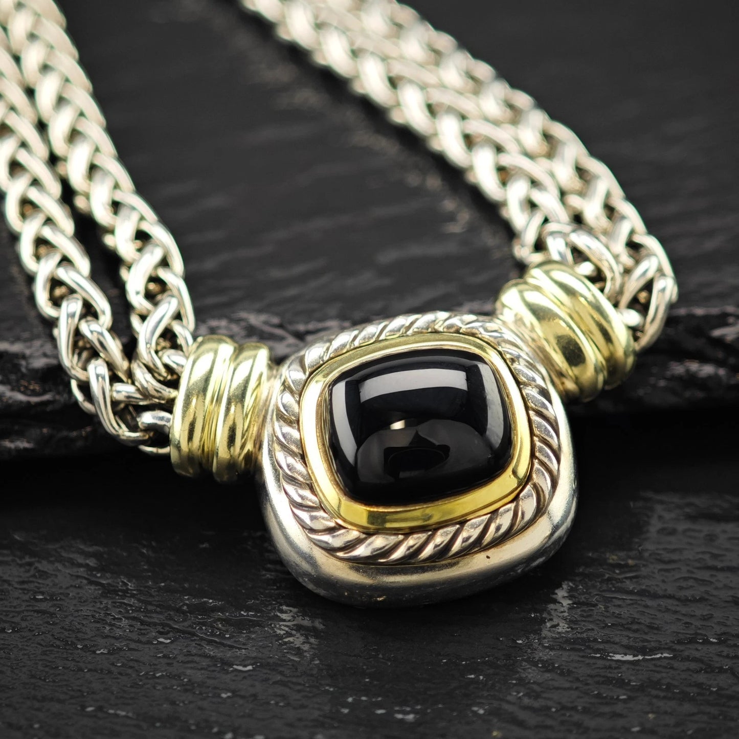 Vintage, David Yurman Sterling Silver Black, Gold Onyx 14K Gold Accent Necklace N2656