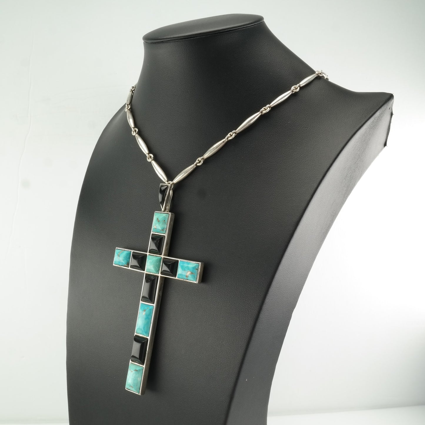 Southwest Sterling Silver Blue, Black Turquoise, Jet Cross Necklace