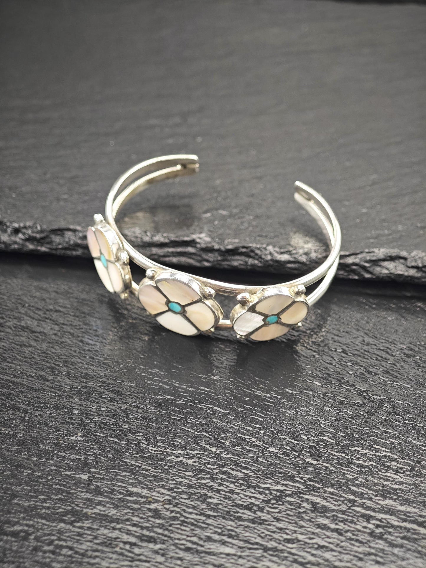 Zuni, Native American, Flower Inlay Cuff Bracelet Sterling Silver