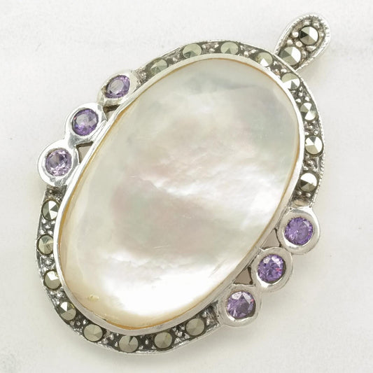 Vintage MOP, Purple Gem, Marcasite Sterling Silver Pendant