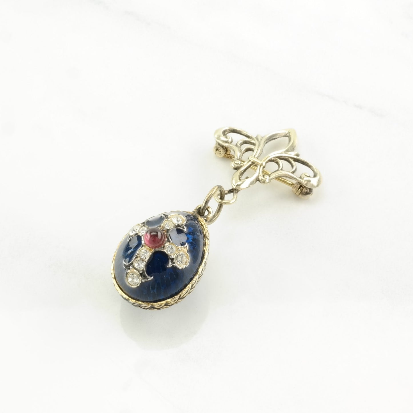 Vintage Soviet USSR Enamel, Garnet Egg, Cross Sterling Silver Pendant