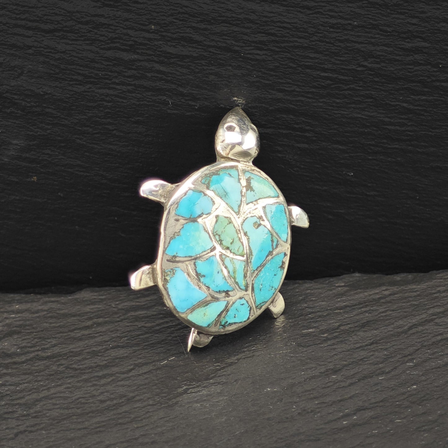 Zuni Sterling Silver Brooch Turtle, Inlay Blue Turquoise