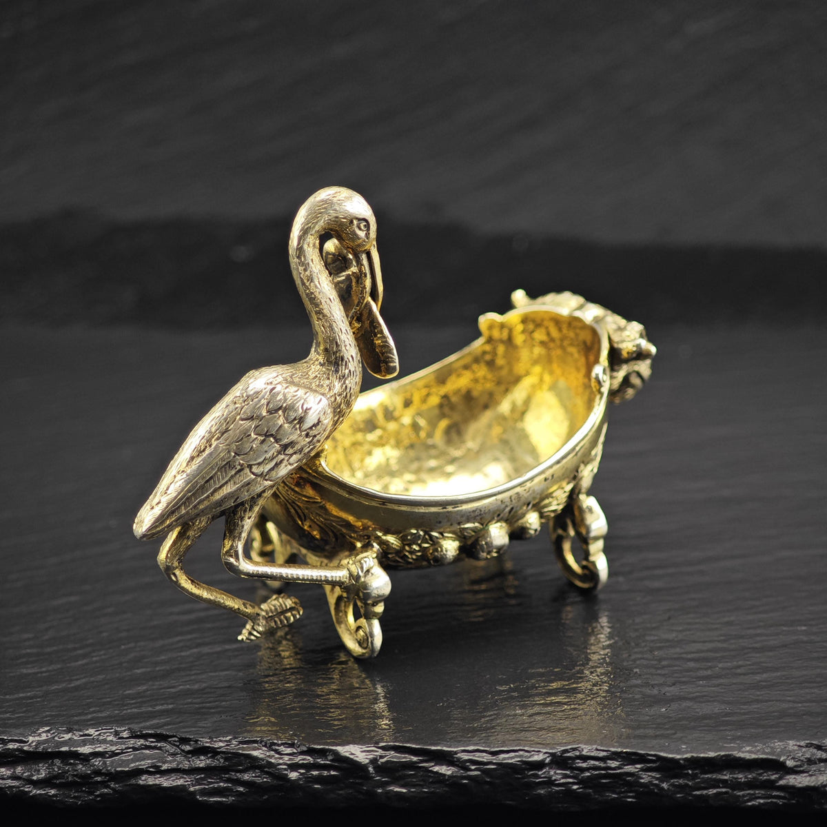 European Gold Gilded Stork/Baby with Ramhead Crib Sterling Silver Bowl Figurine MISC0395