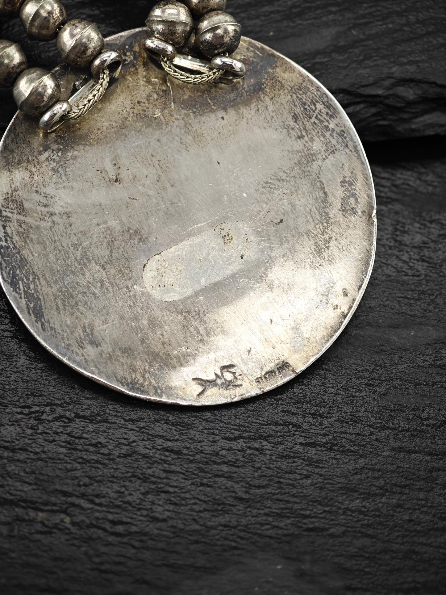 Native American Overlay, Man In Maze Squash Blossom Necklace Sterling Silver