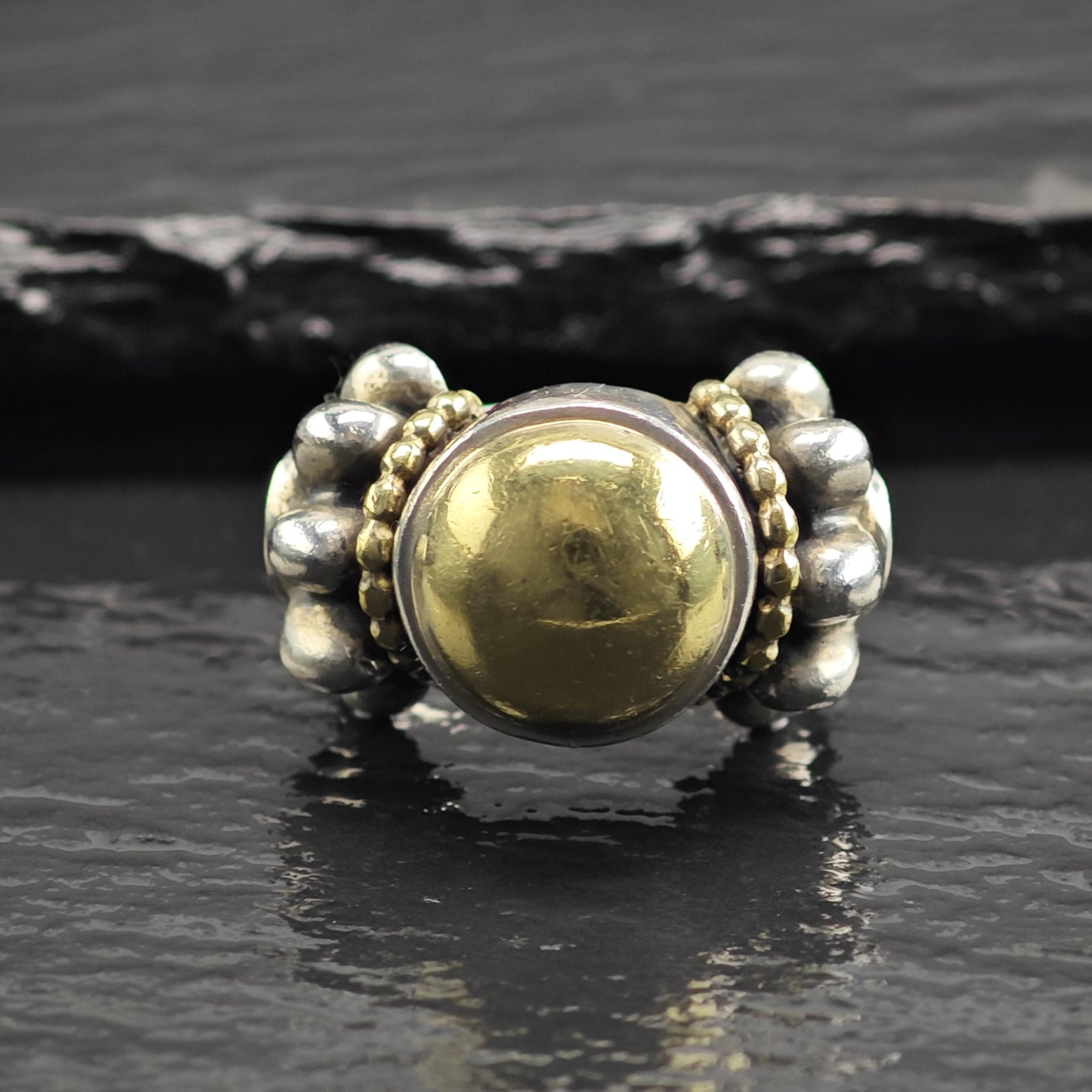Vintage Lagos Caviar 18K Gold Accent Sterling Silver Ring Sz 7 R6686