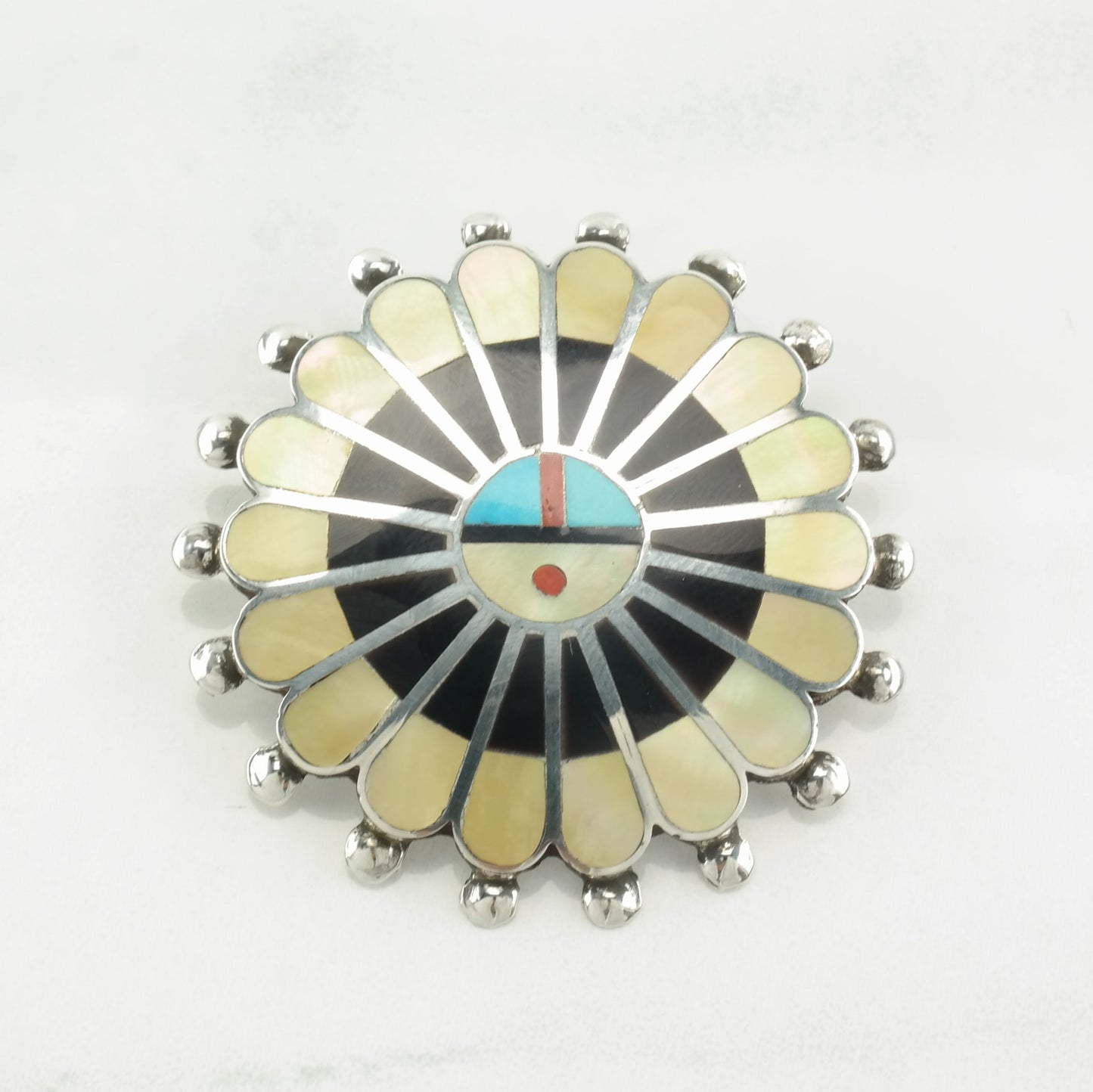 Zuni Sterling Silver Brooch Pendant Sunface MOP, Jet, Multi Gem Inlay