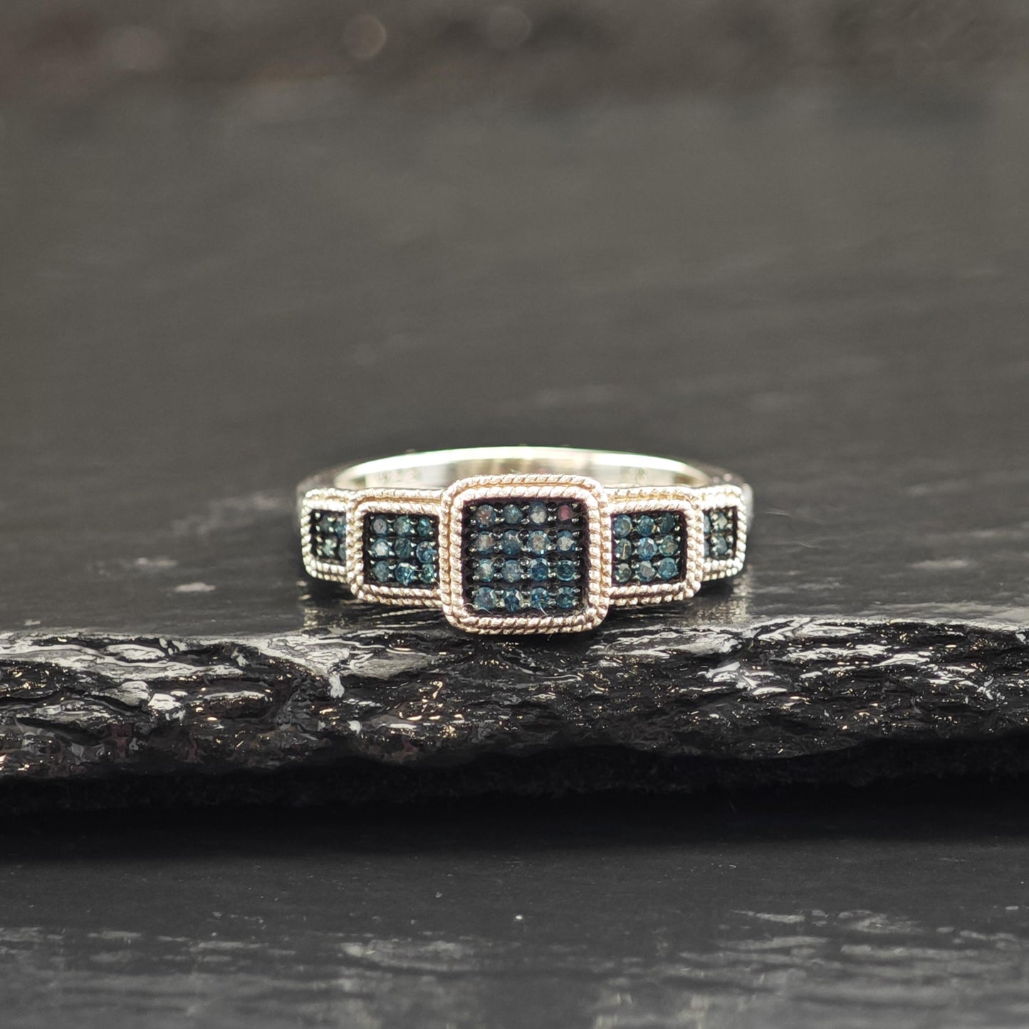 Blue Diamond Square Design Sterling Silver Sz Ring 9 R6604