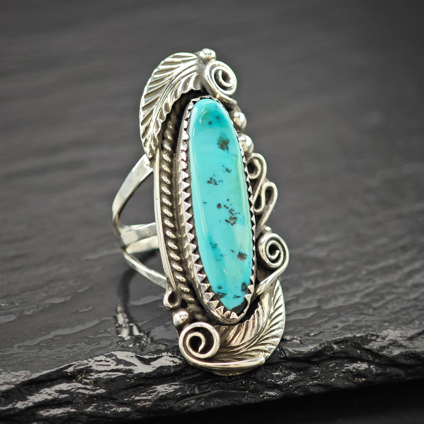Navajo, J. Morris Long Turquoise Ring Sterling Silver Size 6 3/4