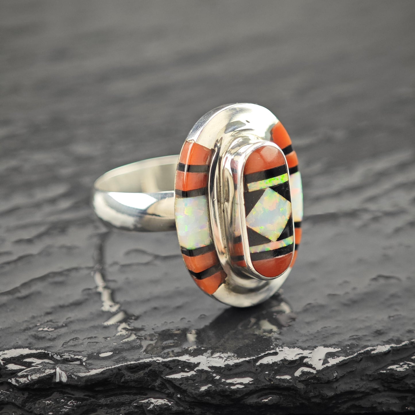 Native Opal, Coral Inlay Ring Sterling Silver Sz 9 1/2 R5952