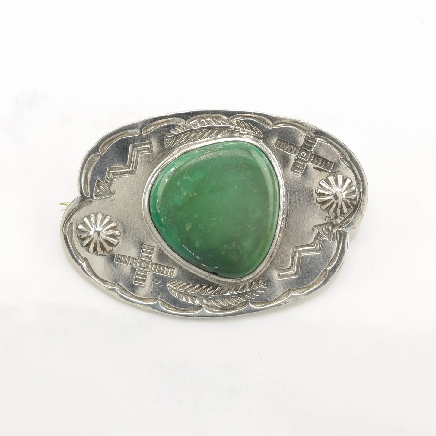 Native American Sterling Silver Brooch Fred Harvey Era Green Turquoise