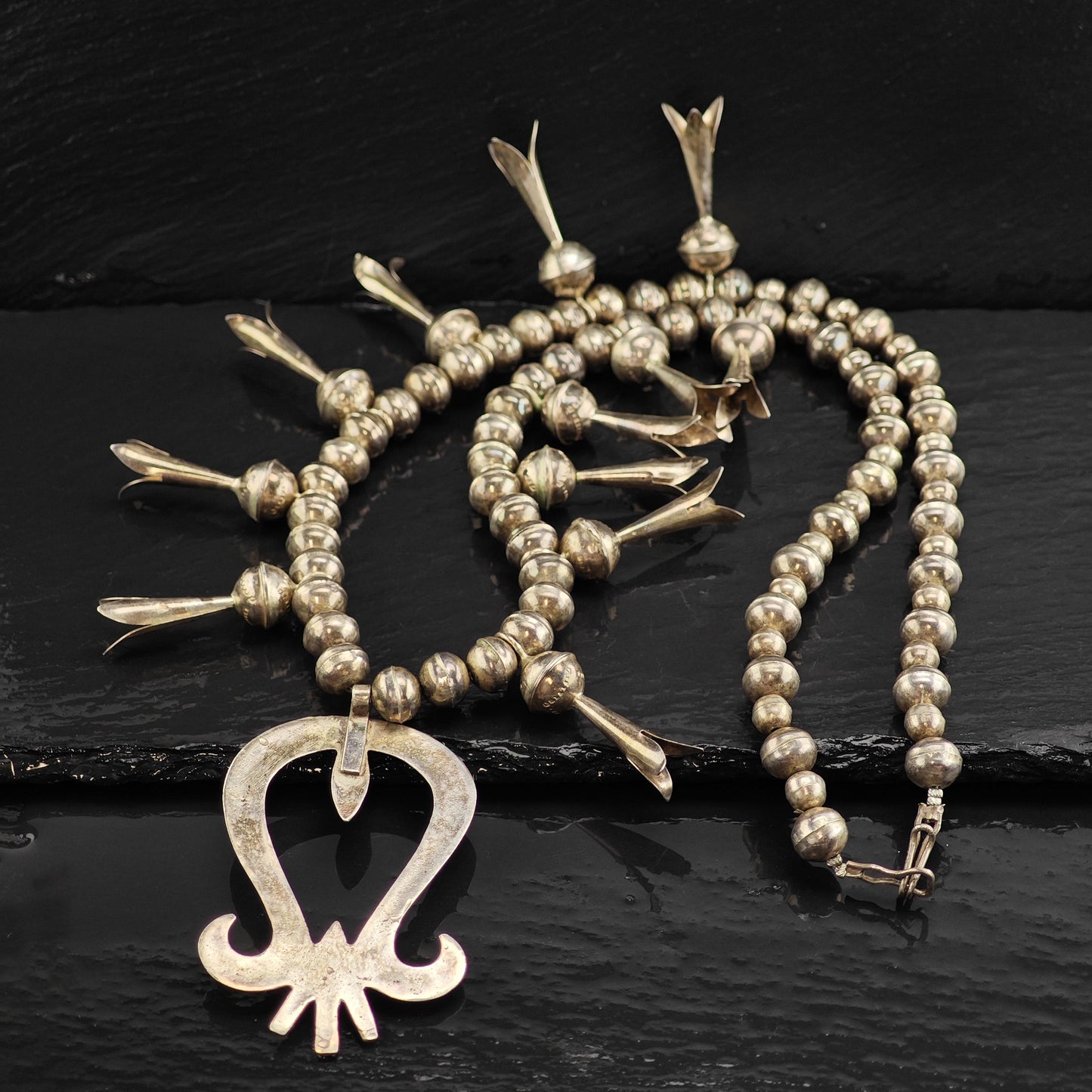 Vintage Native American Hand Made Turquoise Sterling Silver Squash Blossom Necklace N2727