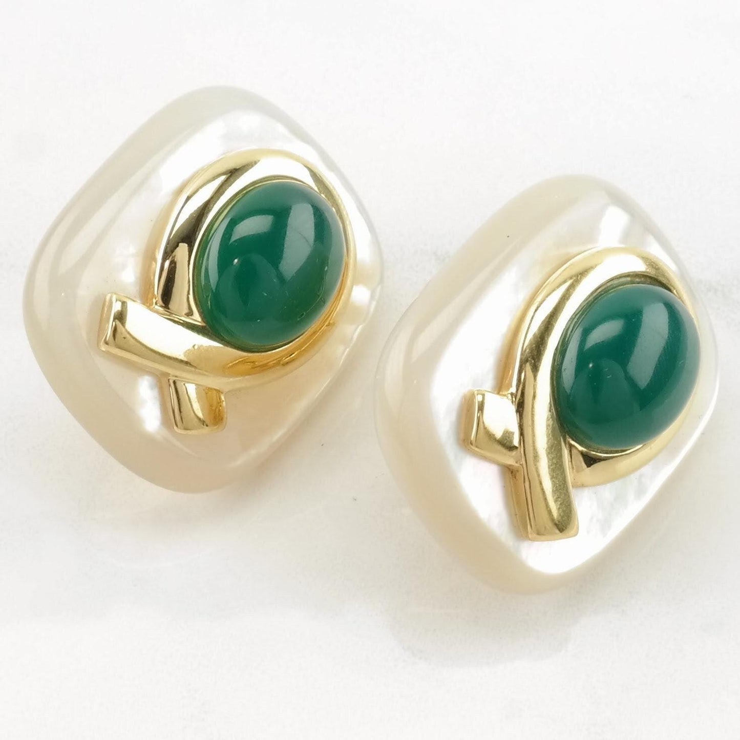 Vintage Sterling Silver Omega Back Earrings KyLo Green MOP, Chrysoprase Gold Toned