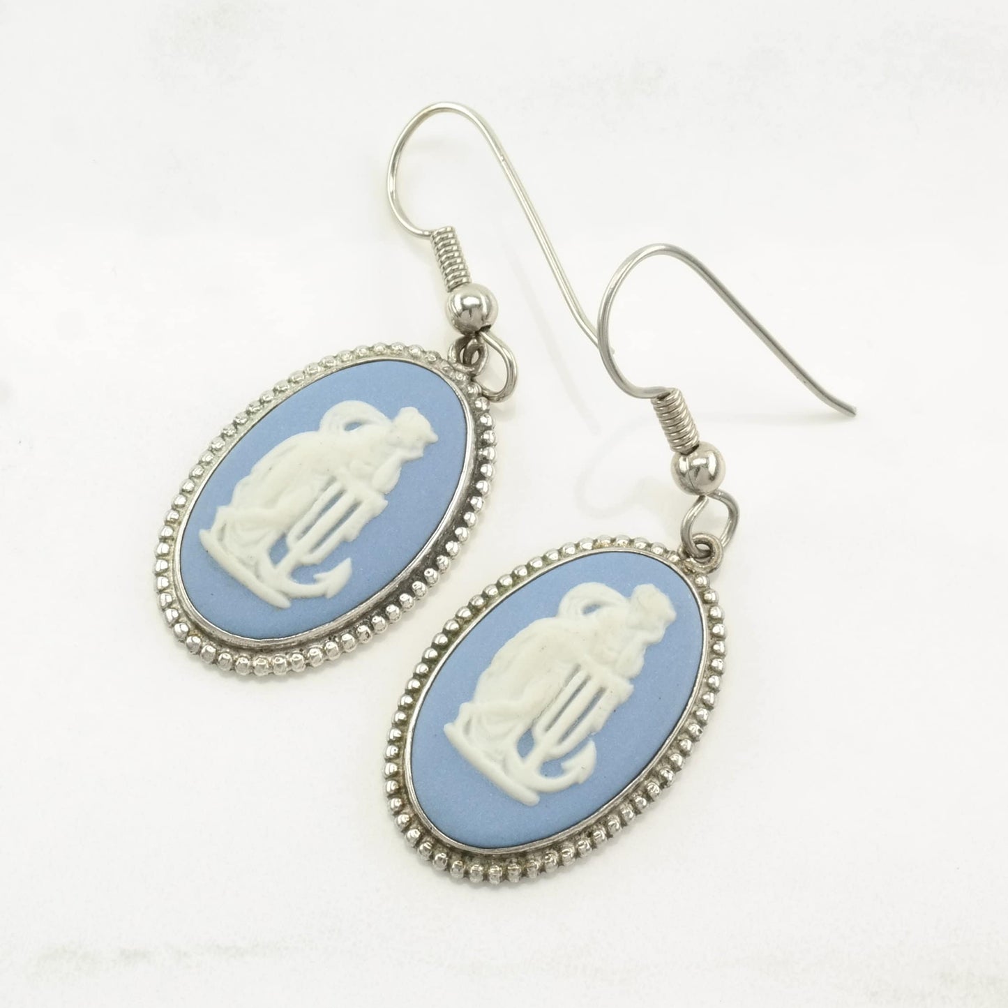 English Sterling Silver Cameo Wedgwood Blue Earrings Fish hook/Dangle