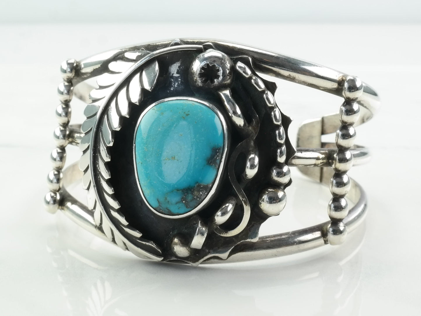 Navajo Sterling Silver Cuff Bracelet Blue Turquoise Leaf