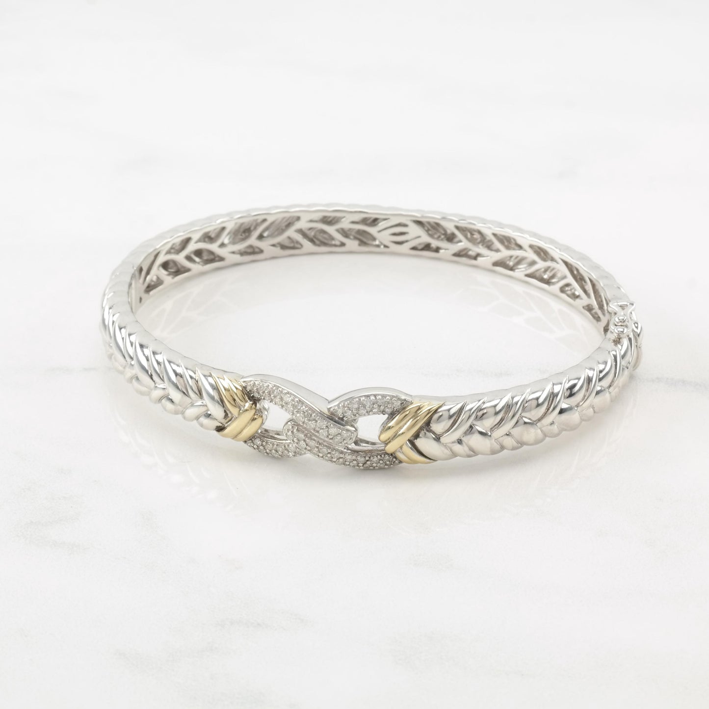 Designer Diamond 14k Bangle Bracelet Sterling Silver Gold Accent