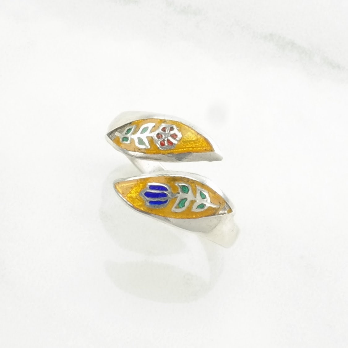 Siam Silver Ring Enamel Floral, Bypass Sterling Yellow Size 9