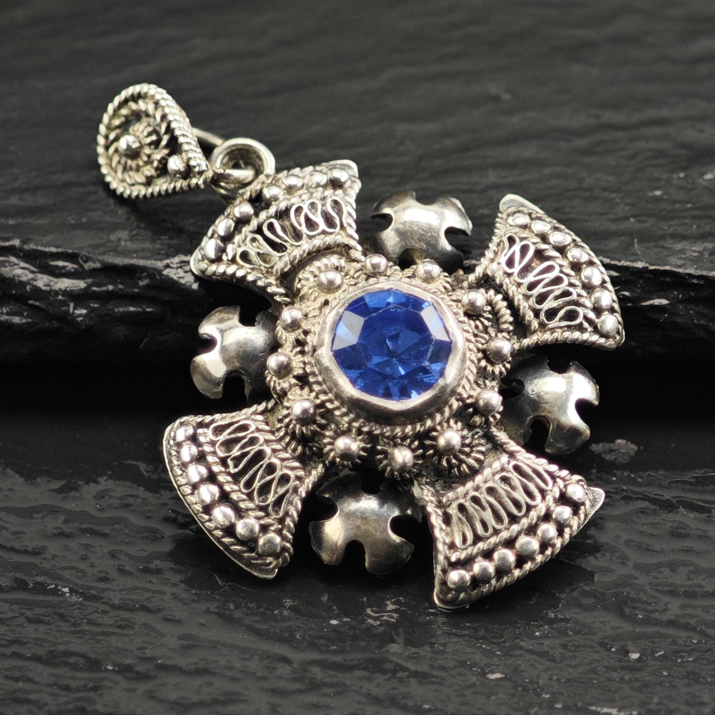 Blue Stone Jerusalem Cross Pendant Sterling Silver P3074