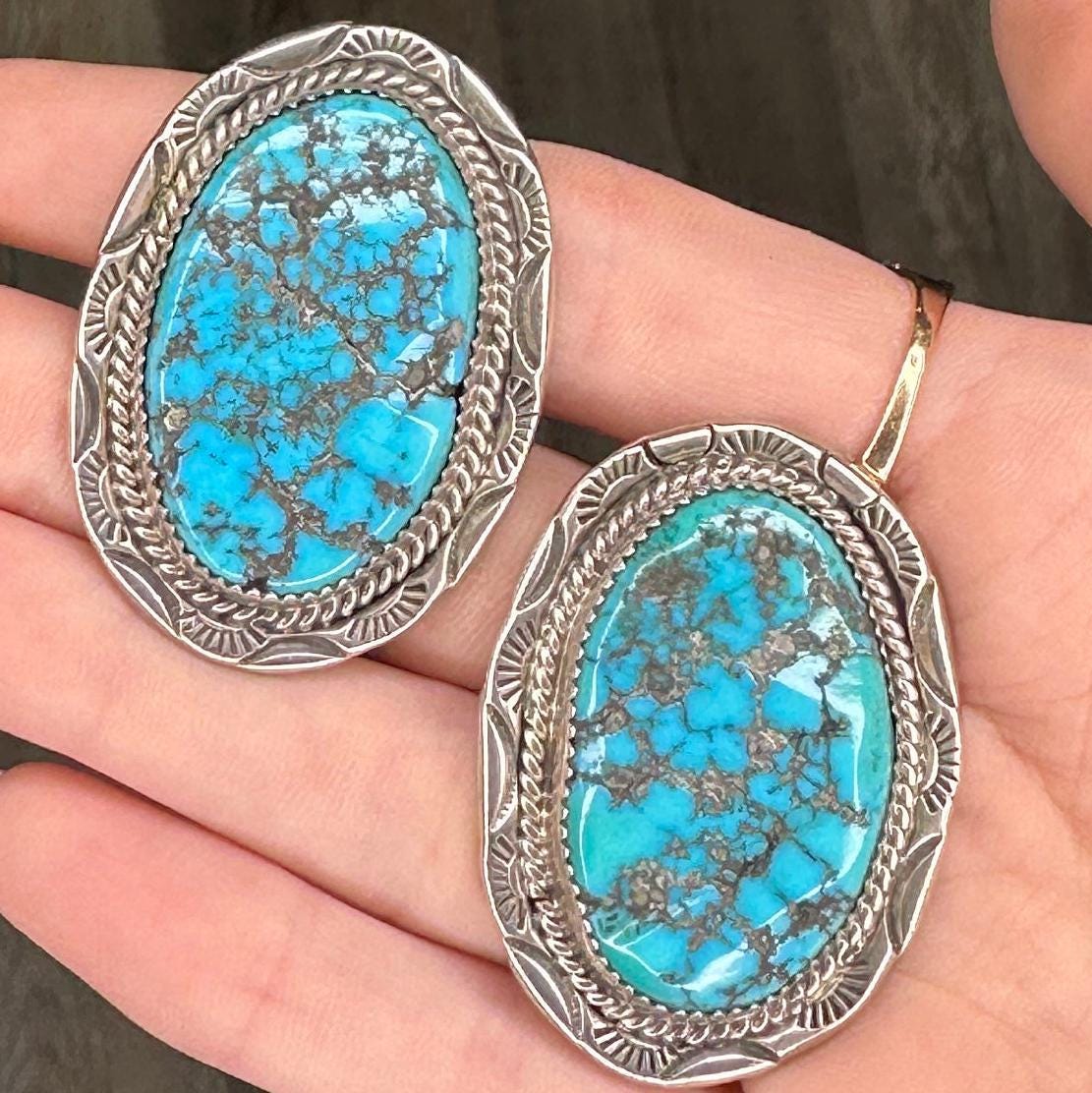 Vintage Sterling Silver & Kingman Turquoise Earrings | Native American | Large Oval Dangles | Southwestern Jewelry | Boho Chic | 1970s