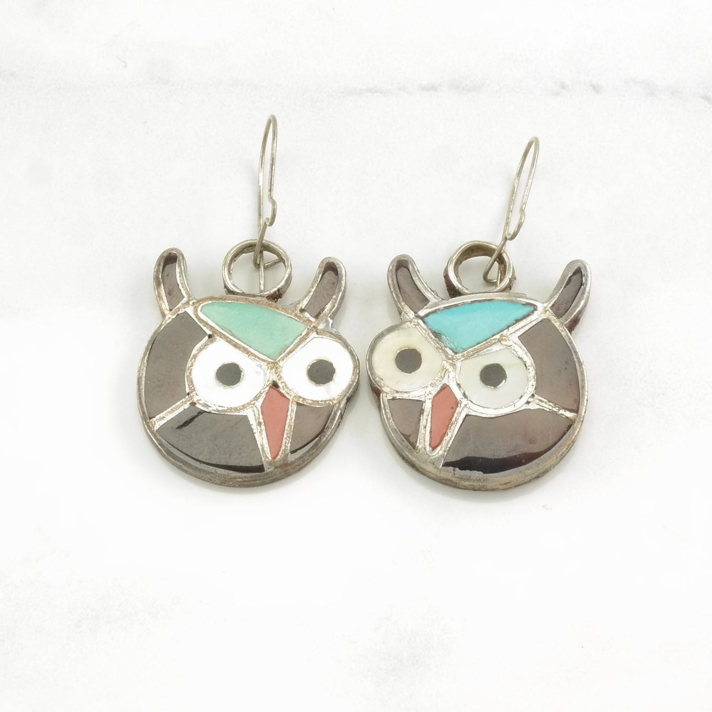 Zuni, Native American Owl Inlay Turquoise Sterling Silver Fish Hook Earrings