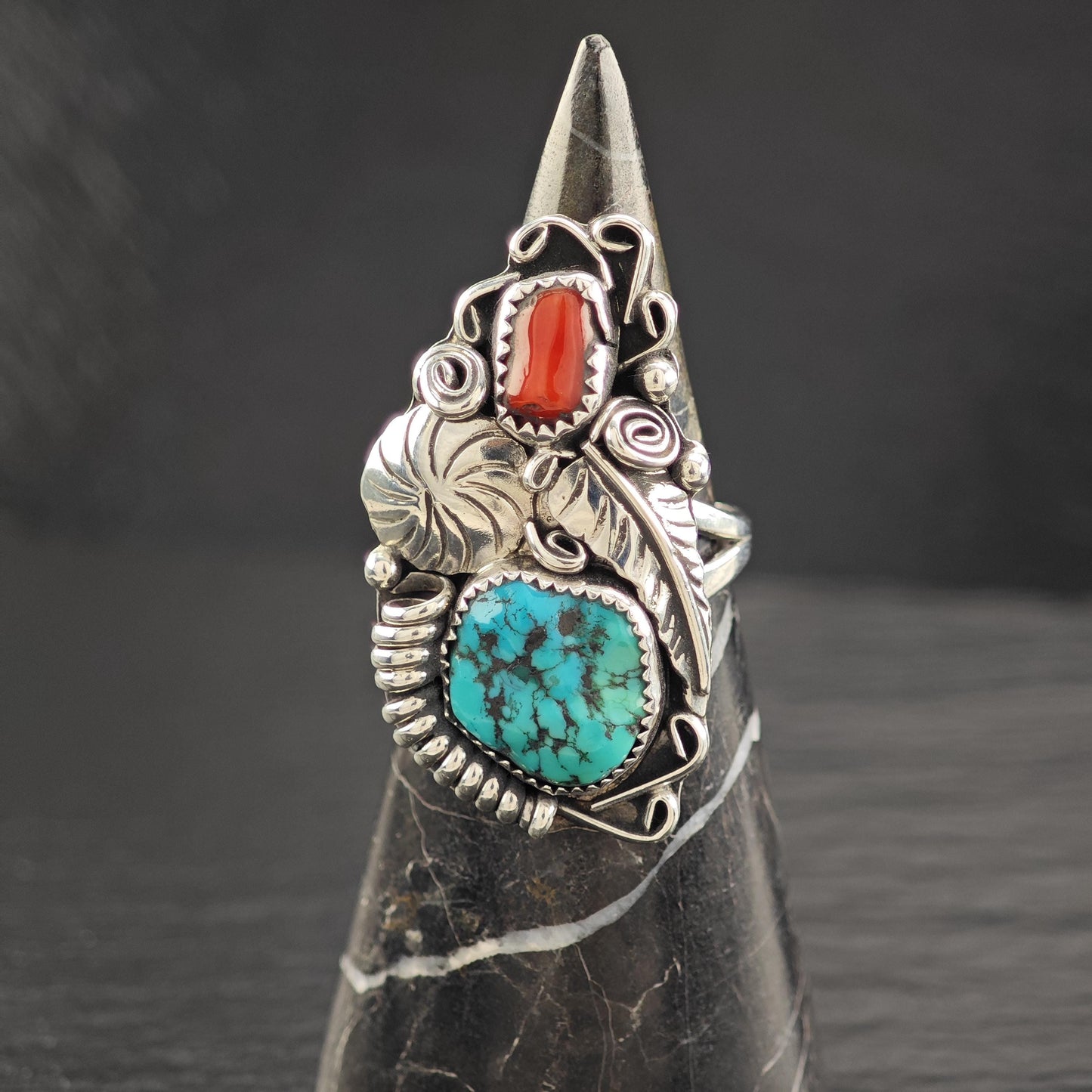 Native American Turquoise Coral Ring Sterling Silver R5825