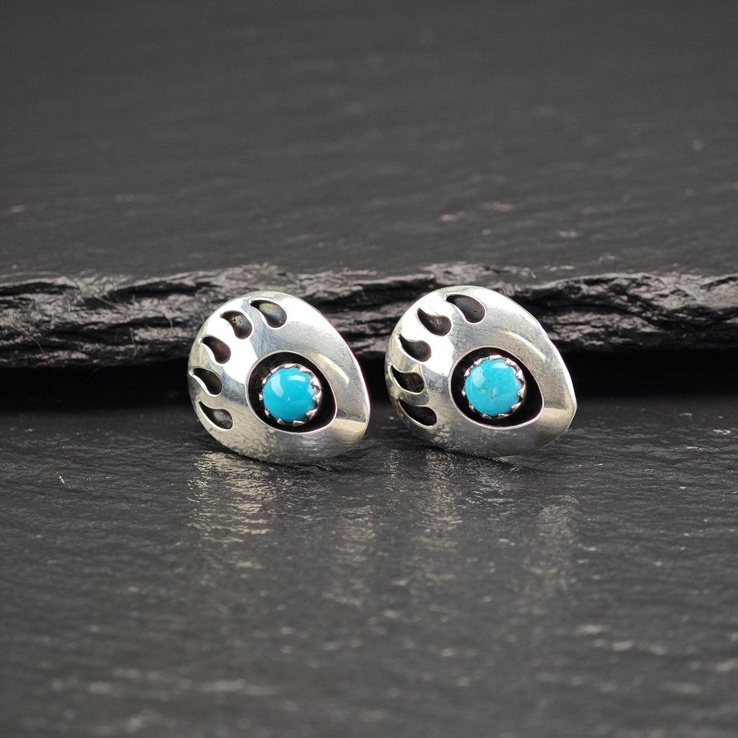 Southwest Blue Turquoise, Shadow Box Bear Paw Stud Earrings Sterling Silver