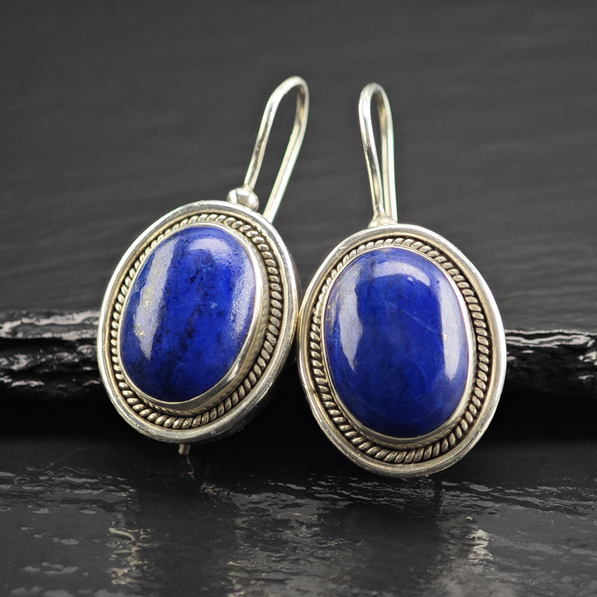 Vintage Lapis Oval Sterling Silver Dangle Earrings ER3215