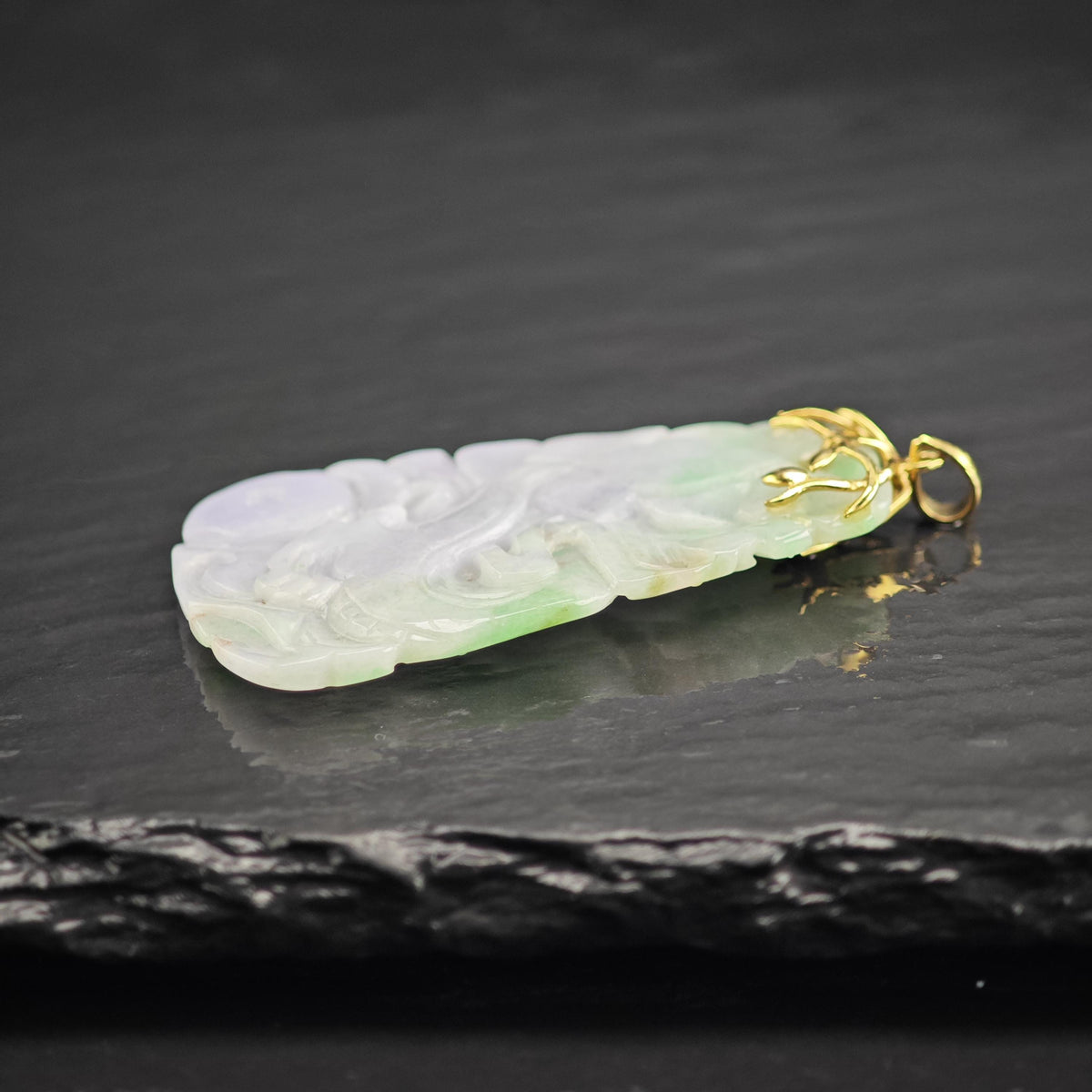Carved Jadeite Jade 14K Yellow Gold Pendant P3102