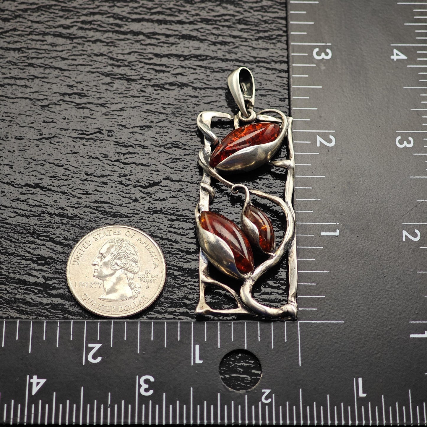 Art Nouveau Style Amber, Floral Pendant Sterling Silver