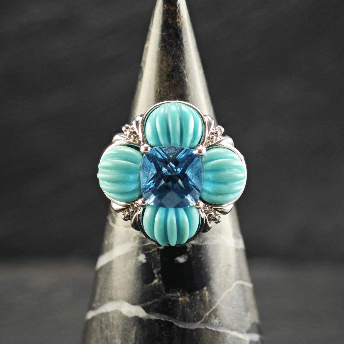 Topaz & Block Turquoise Sterling Silver Flower Ring Sz 6 R6814