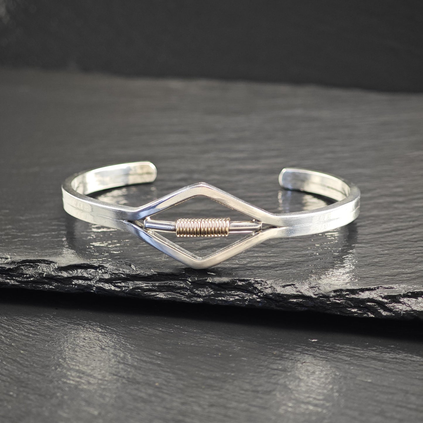 Modernist Gold Spring Cuff Bracelet Sterling Silver