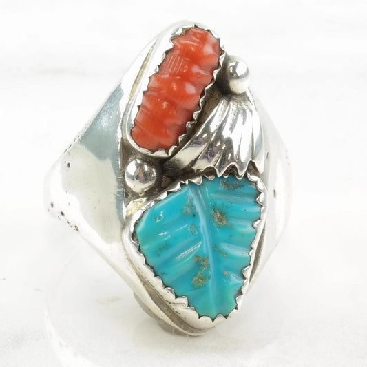 Vintage Loyolita Tsattie Zuni Silver Ring Turquoise Coral Carved Leaf Sterling Size 9 1/4